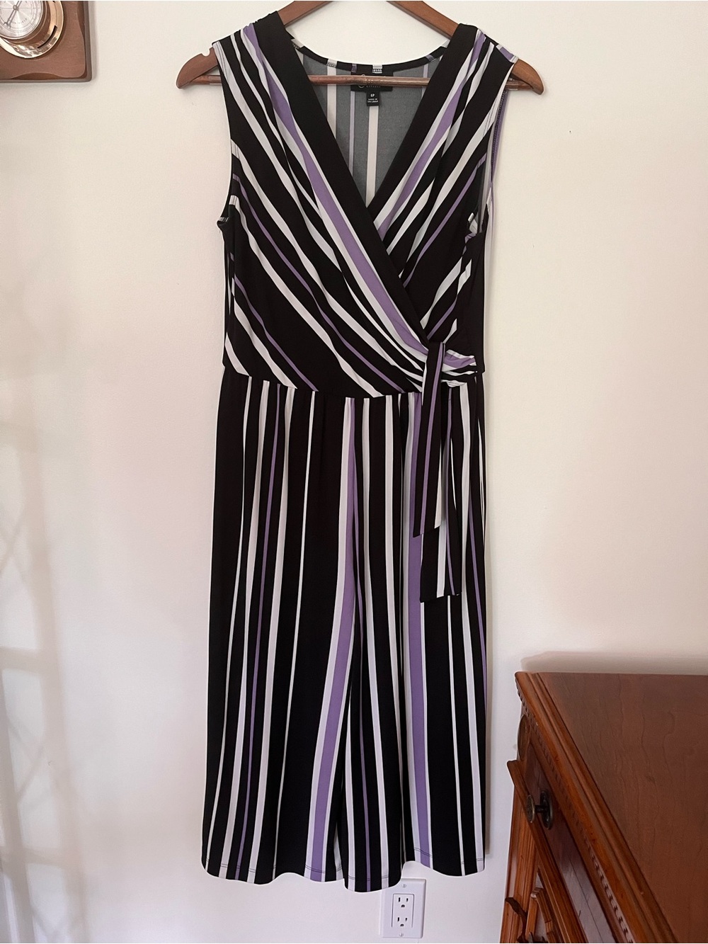 connected apparel Black, White & Lavender Striped Faux Wrap Jumpsuit